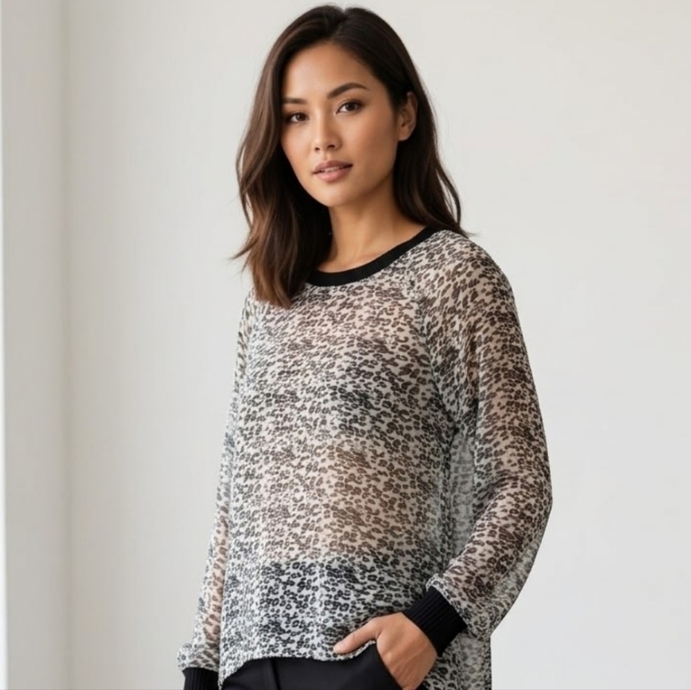 Dleione Sheer Leopard Print  Long Sleeve Top Sz M